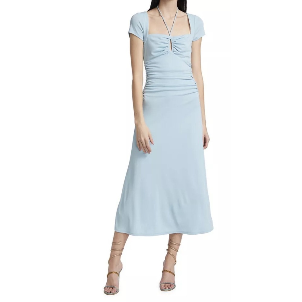 Cinq a Sept Women's Light Blue Janis Midi Dress Square Neck Ruched Size 12